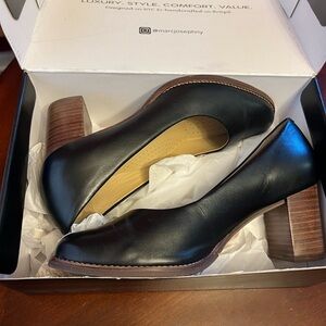 Marc Joseph Black Leather Stacked Block Heel Pumps